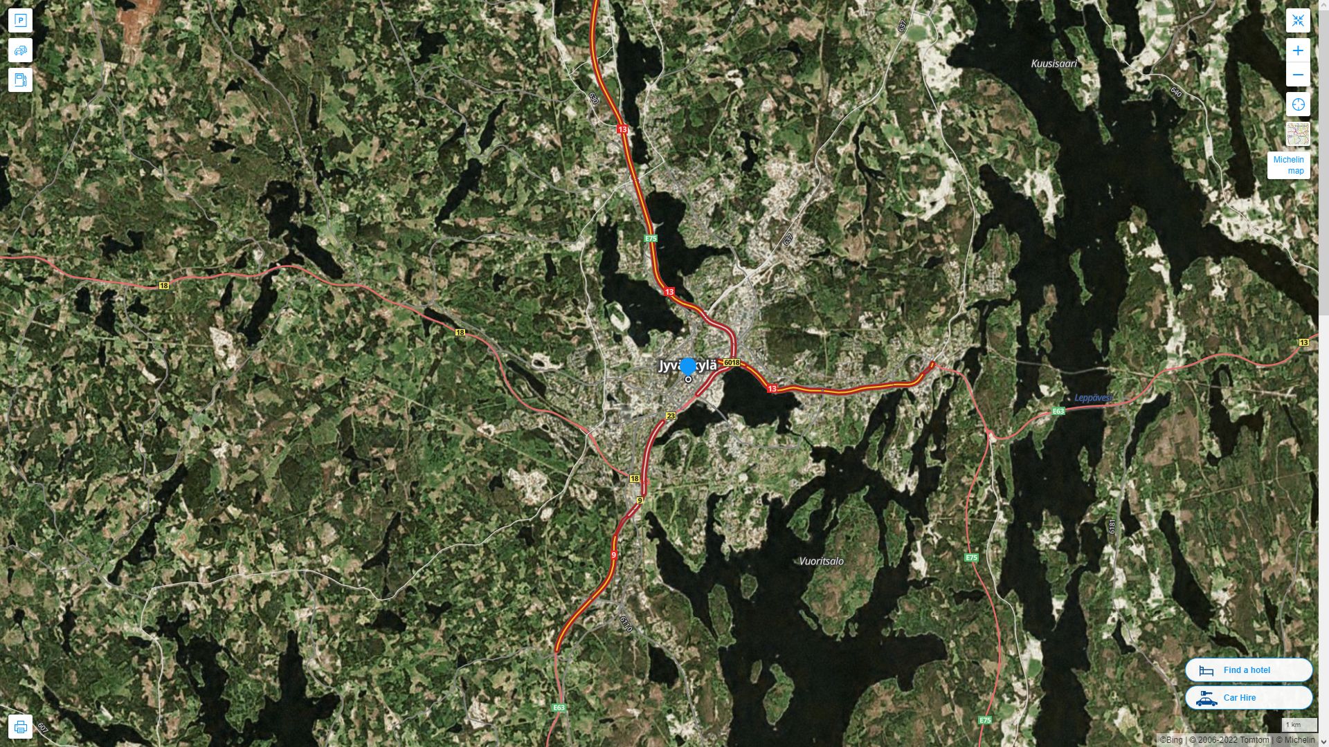 Jyvaskyla Finlande Autoroute et carte routiere avec vue satellite